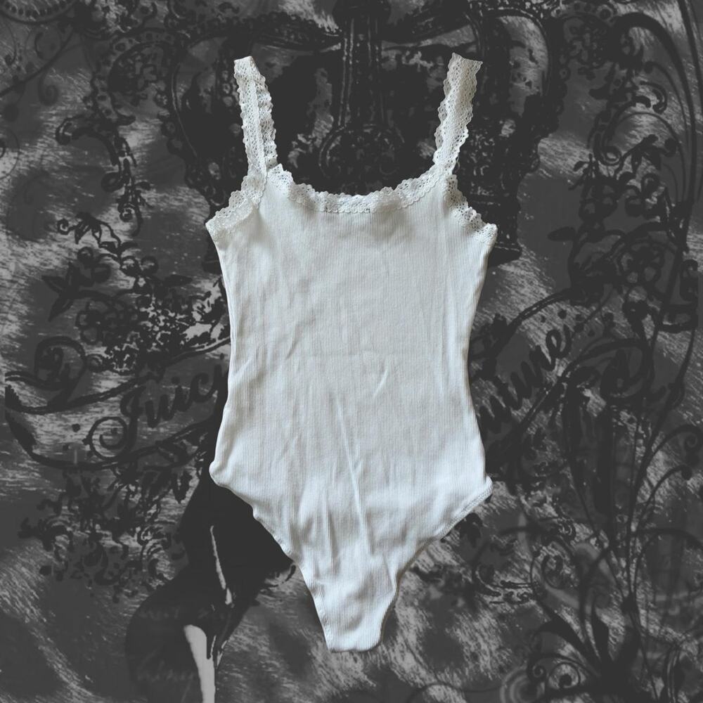 soft ribbed lace trim white plain everyday daily wear bodysuit top